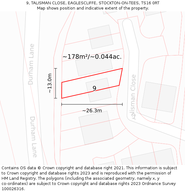 9, TALISMAN CLOSE, EAGLESCLIFFE, STOCKTON-ON-TEES, TS16 0RT: Plot and title map