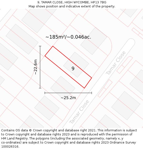 9, TAMAR CLOSE, HIGH WYCOMBE, HP13 7BG: Plot and title map