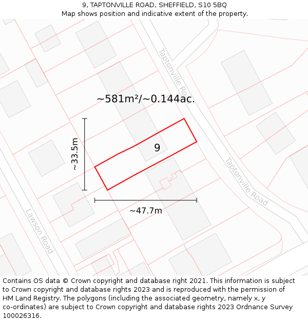 9, TAPTONVILLE ROAD, SHEFFIELD, S10 5BQ: Plot and title map