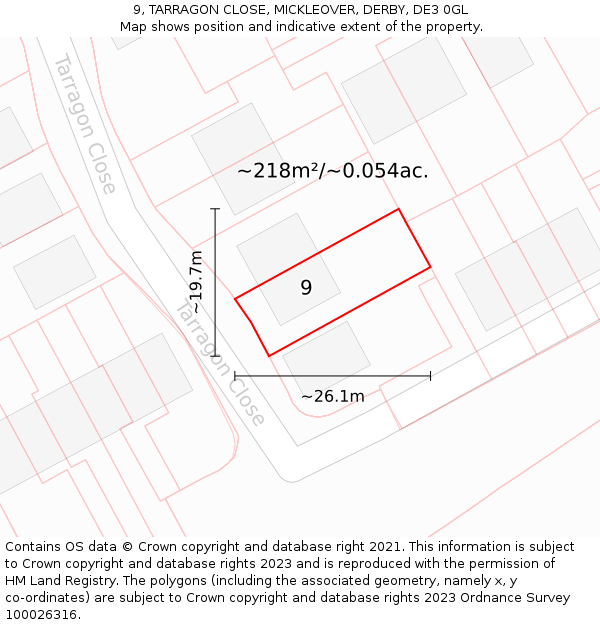 9, TARRAGON CLOSE, MICKLEOVER, DERBY, DE3 0GL: Plot and title map