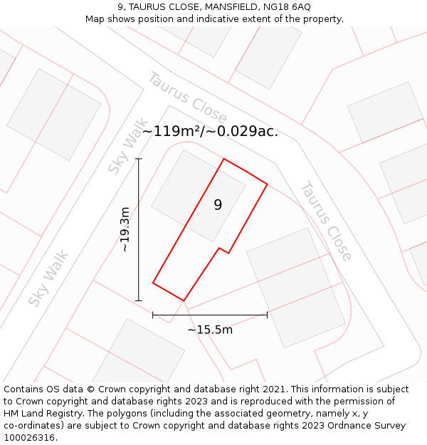 9, TAURUS CLOSE, MANSFIELD, NG18 6AQ: Plot and title map