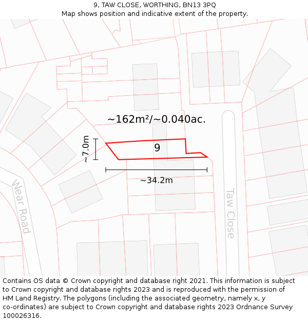 9, TAW CLOSE, WORTHING, BN13 3PQ: Plot and title map