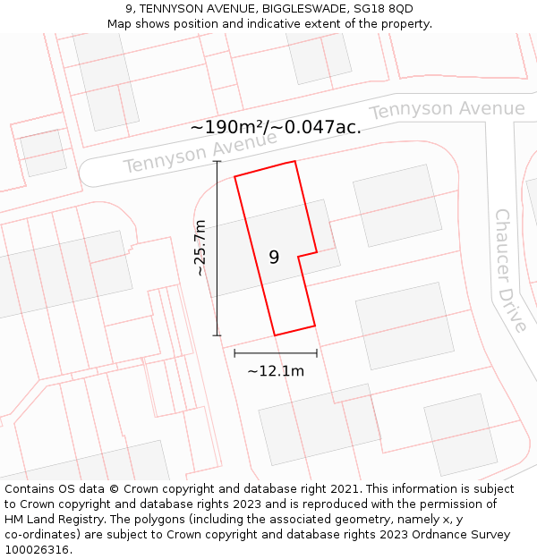 9, TENNYSON AVENUE, BIGGLESWADE, SG18 8QD: Plot and title map