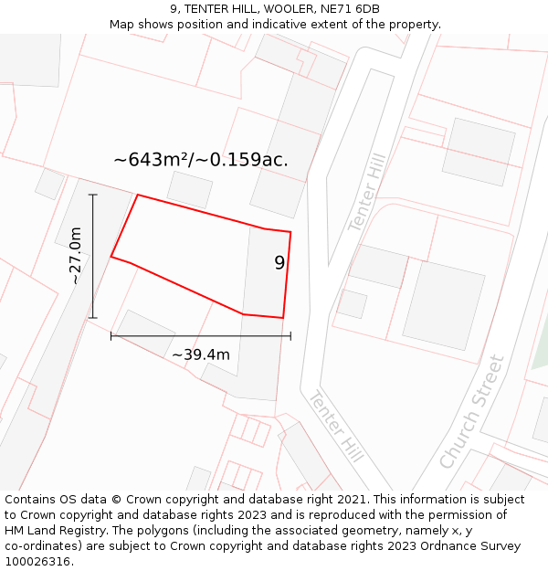 9, TENTER HILL, WOOLER, NE71 6DB: Plot and title map