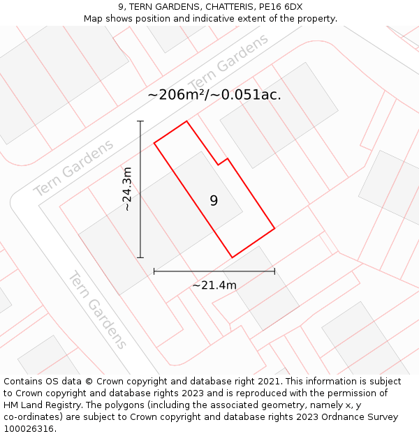 9, TERN GARDENS, CHATTERIS, PE16 6DX: Plot and title map