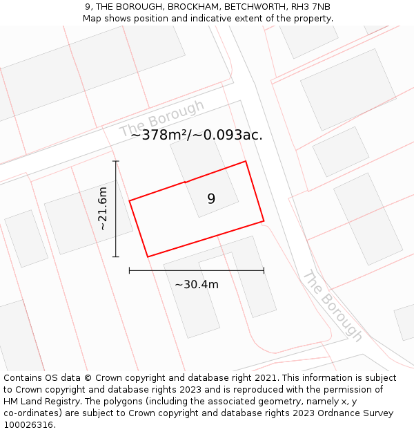 9, THE BOROUGH, BROCKHAM, BETCHWORTH, RH3 7NB: Plot and title map