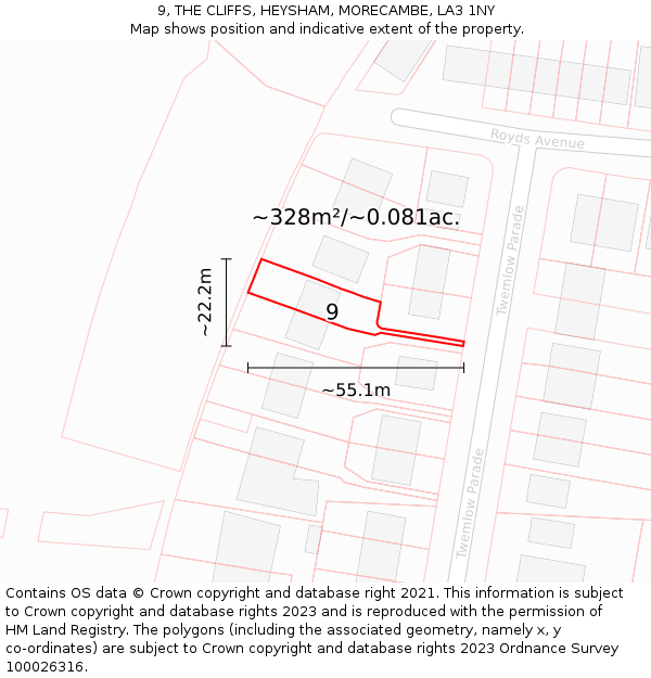 9, THE CLIFFS, HEYSHAM, MORECAMBE, LA3 1NY: Plot and title map