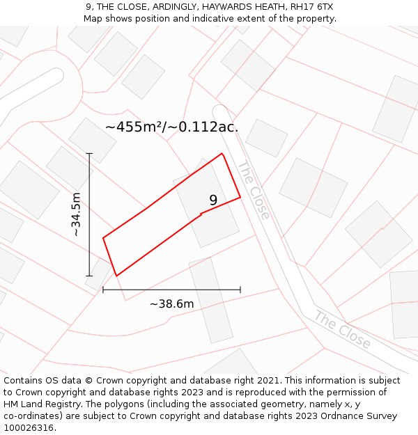 9, THE CLOSE, ARDINGLY, HAYWARDS HEATH, RH17 6TX: Plot and title map