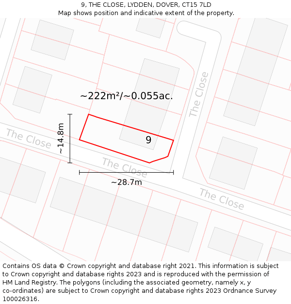 9, THE CLOSE, LYDDEN, DOVER, CT15 7LD: Plot and title map