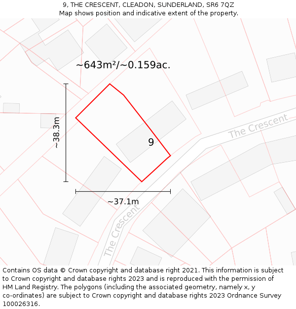 9, THE CRESCENT, CLEADON, SUNDERLAND, SR6 7QZ: Plot and title map