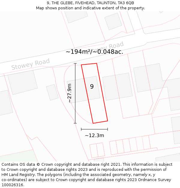 9, THE GLEBE, FIVEHEAD, TAUNTON, TA3 6QB: Plot and title map
