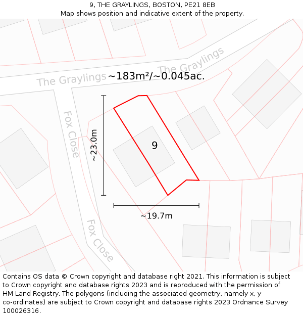 9, THE GRAYLINGS, BOSTON, PE21 8EB: Plot and title map