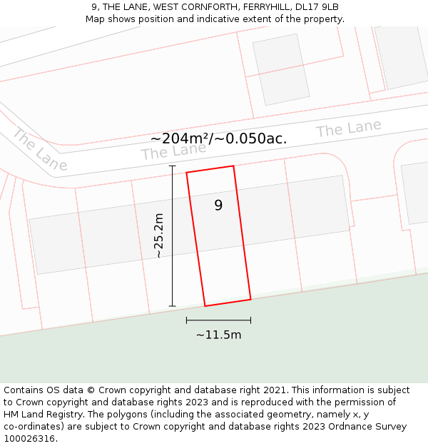9, THE LANE, WEST CORNFORTH, FERRYHILL, DL17 9LB: Plot and title map