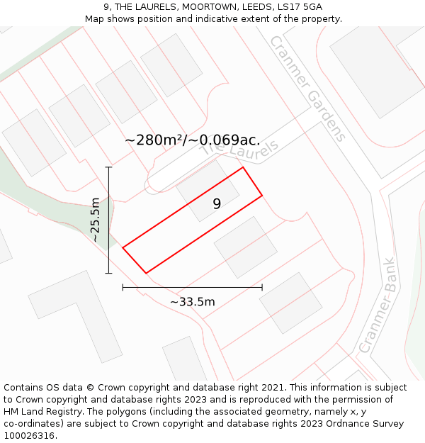9, THE LAURELS, MOORTOWN, LEEDS, LS17 5GA: Plot and title map