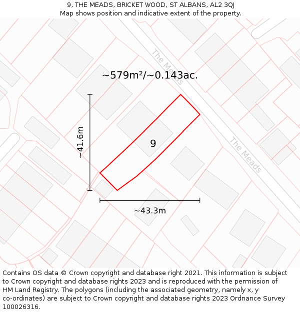 9, THE MEADS, BRICKET WOOD, ST ALBANS, AL2 3QJ: Plot and title map