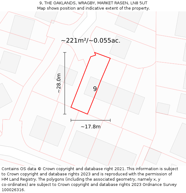 9, THE OAKLANDS, WRAGBY, MARKET RASEN, LN8 5UT: Plot and title map