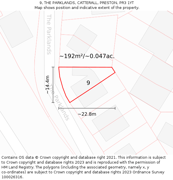 9, THE PARKLANDS, CATTERALL, PRESTON, PR3 1YT: Plot and title map