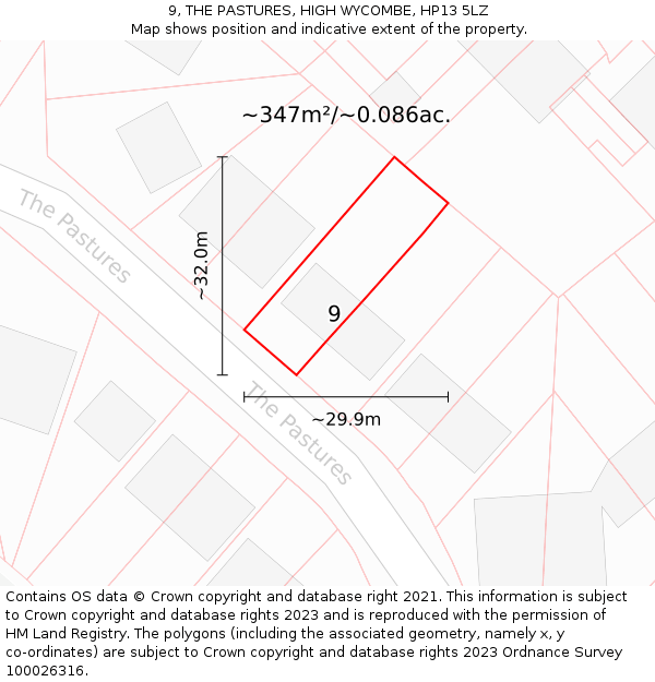 9, THE PASTURES, HIGH WYCOMBE, HP13 5LZ: Plot and title map