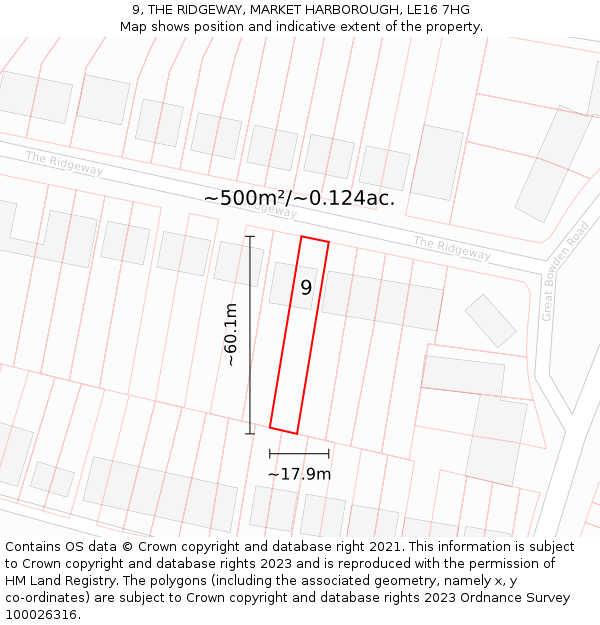 9, THE RIDGEWAY, MARKET HARBOROUGH, LE16 7HG: Plot and title map