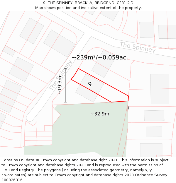 9, THE SPINNEY, BRACKLA, BRIDGEND, CF31 2JD: Plot and title map