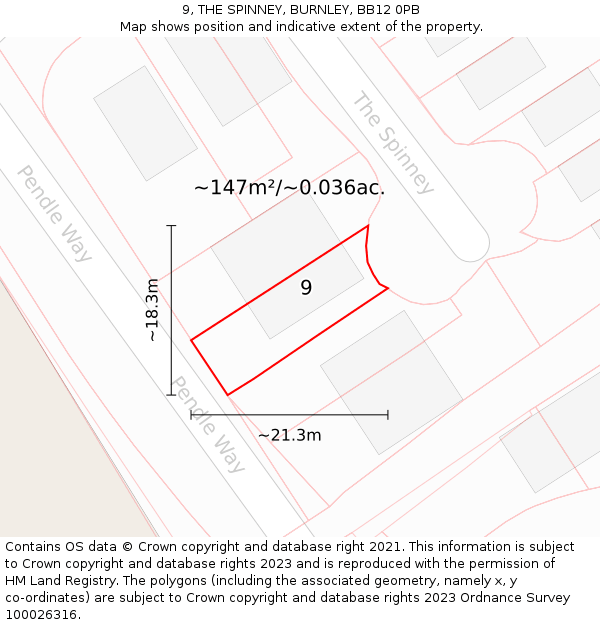9, THE SPINNEY, BURNLEY, BB12 0PB: Plot and title map