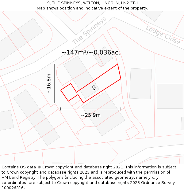 9, THE SPINNEYS, WELTON, LINCOLN, LN2 3TU: Plot and title map