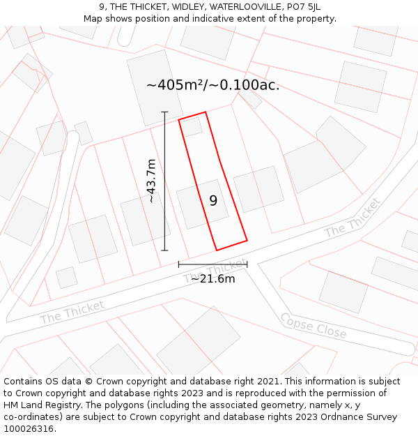 9, THE THICKET, WIDLEY, WATERLOOVILLE, PO7 5JL: Plot and title map