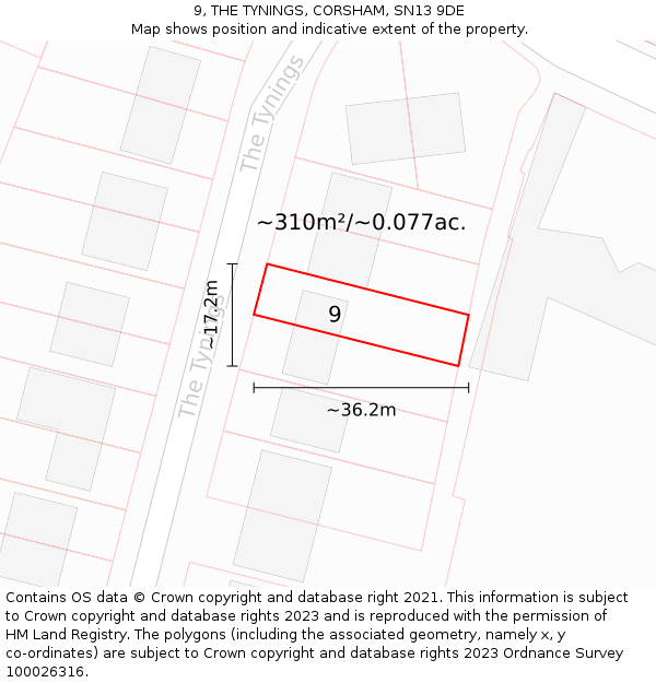 9, THE TYNINGS, CORSHAM, SN13 9DE: Plot and title map