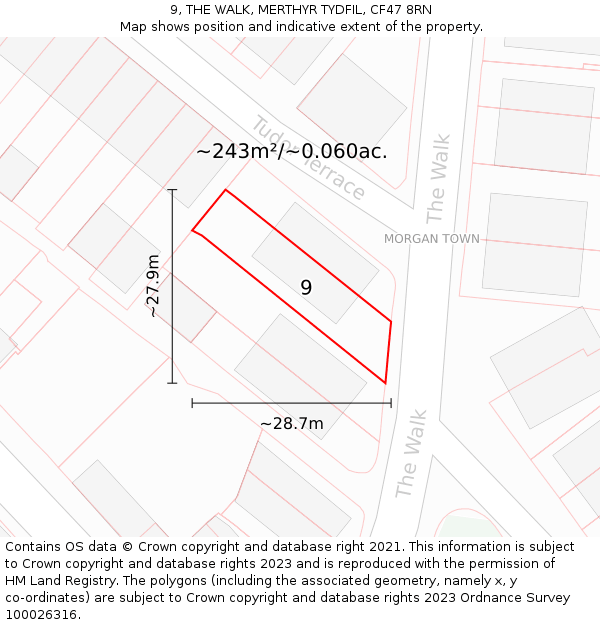 9, THE WALK, MERTHYR TYDFIL, CF47 8RN: Plot and title map