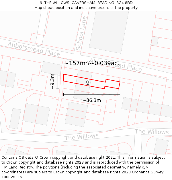 9, THE WILLOWS, CAVERSHAM, READING, RG4 8BD: Plot and title map