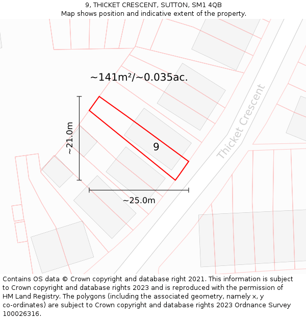 9, THICKET CRESCENT, SUTTON, SM1 4QB: Plot and title map