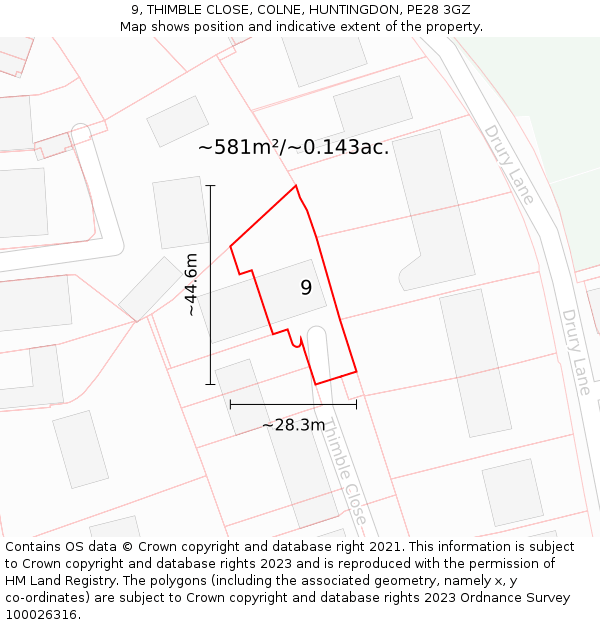 9, THIMBLE CLOSE, COLNE, HUNTINGDON, PE28 3GZ: Plot and title map