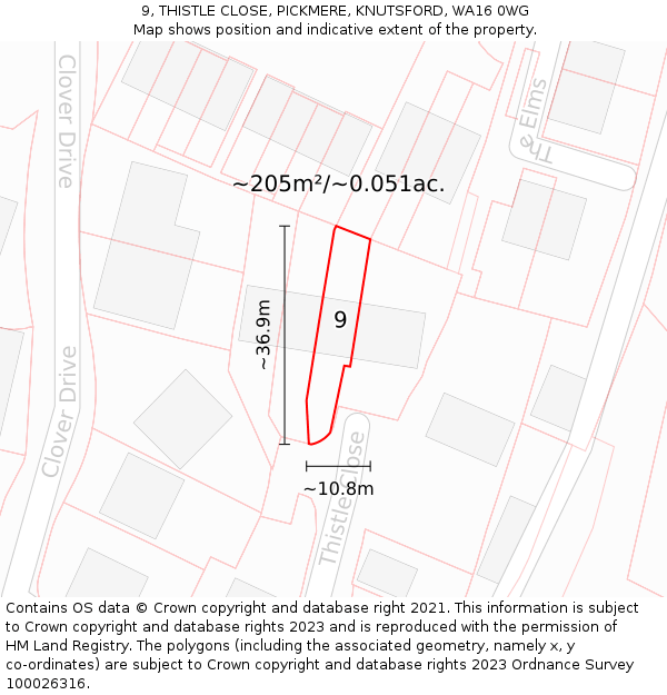 9, THISTLE CLOSE, PICKMERE, KNUTSFORD, WA16 0WG: Plot and title map