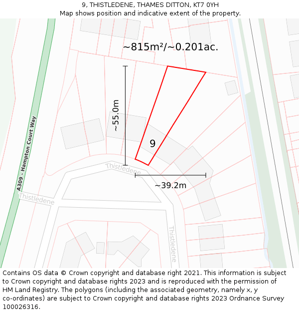 9, THISTLEDENE, THAMES DITTON, KT7 0YH: Plot and title map
