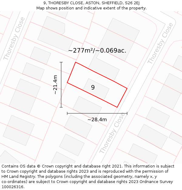 9, THORESBY CLOSE, ASTON, SHEFFIELD, S26 2EJ: Plot and title map