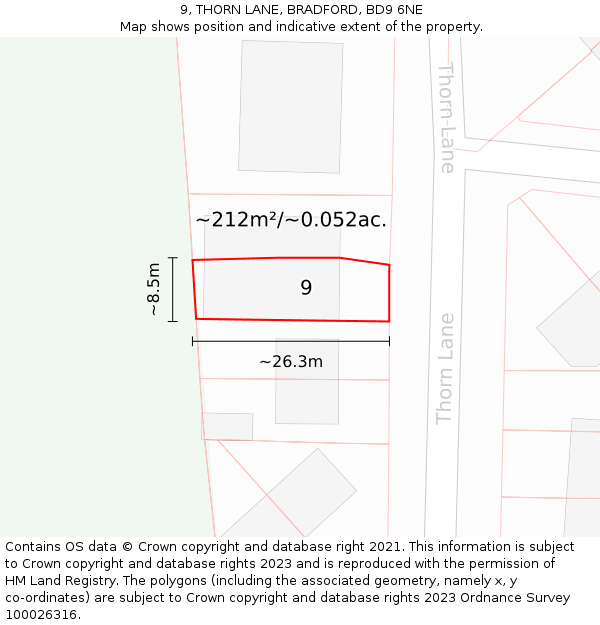 9, THORN LANE, BRADFORD, BD9 6NE: Plot and title map