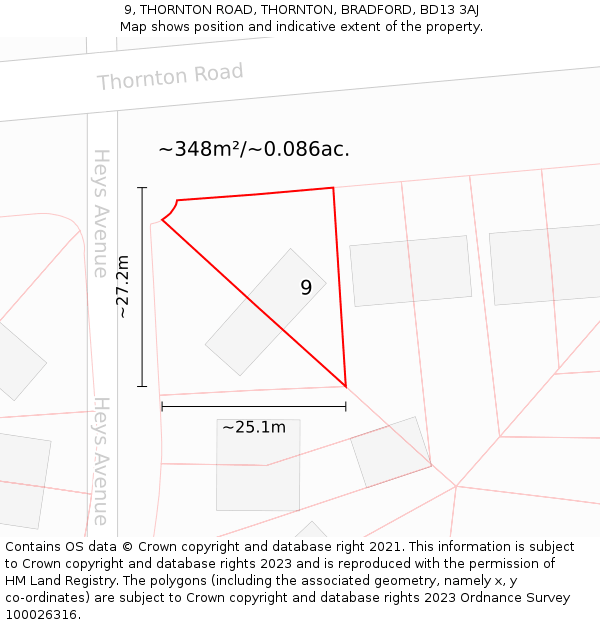 9, THORNTON ROAD, THORNTON, BRADFORD, BD13 3AJ: Plot and title map