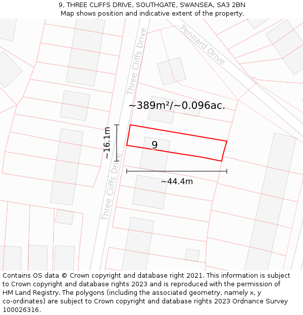 9, THREE CLIFFS DRIVE, SOUTHGATE, SWANSEA, SA3 2BN: Plot and title map