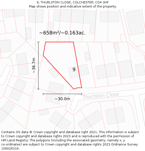 9, THURLSTON CLOSE, COLCHESTER, CO4 3HF: Plot and title map