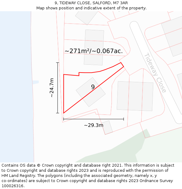 9, TIDEWAY CLOSE, SALFORD, M7 3AR: Plot and title map