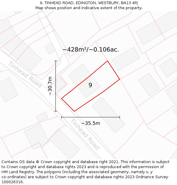 9, TINHEAD ROAD, EDINGTON, WESTBURY, BA13 4PJ: Plot and title map