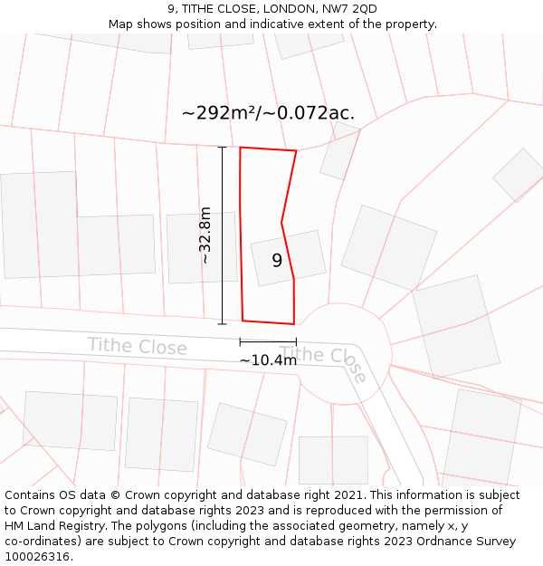9, TITHE CLOSE, LONDON, NW7 2QD: Plot and title map