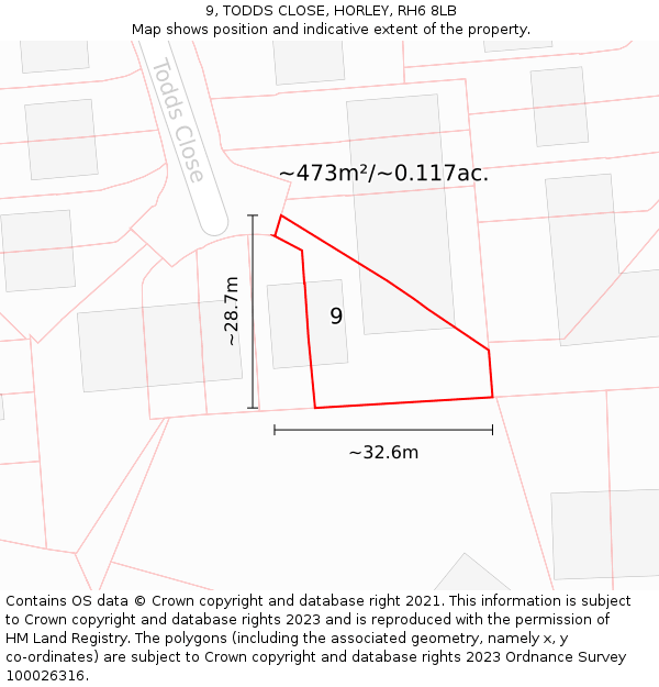 9, TODDS CLOSE, HORLEY, RH6 8LB: Plot and title map