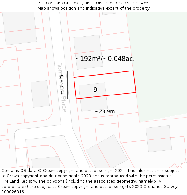 9, TOMLINSON PLACE, RISHTON, BLACKBURN, BB1 4AY: Plot and title map