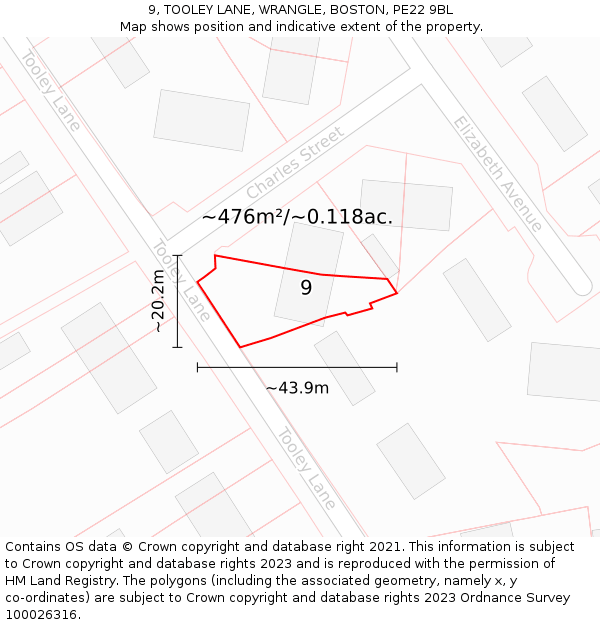 9, TOOLEY LANE, WRANGLE, BOSTON, PE22 9BL: Plot and title map