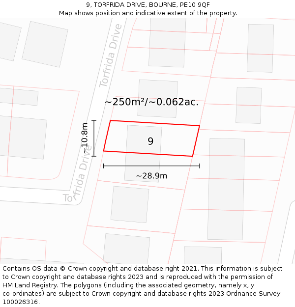 9, TORFRIDA DRIVE, BOURNE, PE10 9QF: Plot and title map