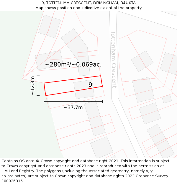 9, TOTTENHAM CRESCENT, BIRMINGHAM, B44 0TA: Plot and title map