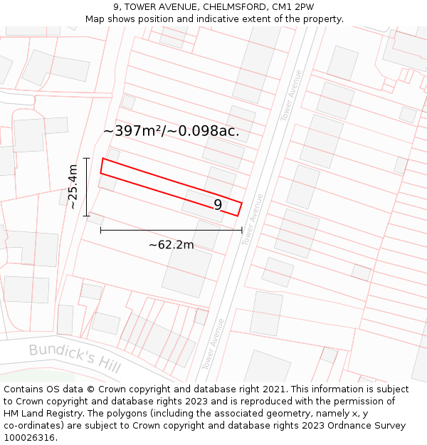 9, TOWER AVENUE, CHELMSFORD, CM1 2PW: Plot and title map
