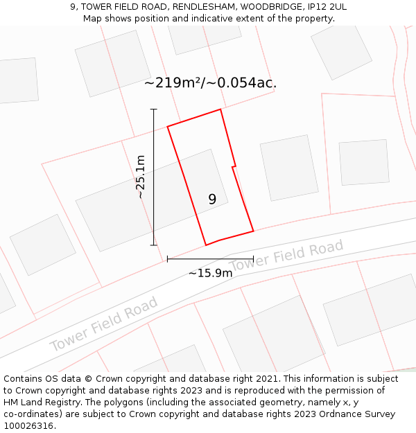 9, TOWER FIELD ROAD, RENDLESHAM, WOODBRIDGE, IP12 2UL: Plot and title map
