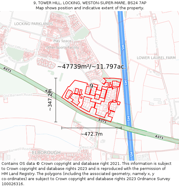 9, TOWER HILL, LOCKING, WESTON-SUPER-MARE, BS24 7AP: Plot and title map